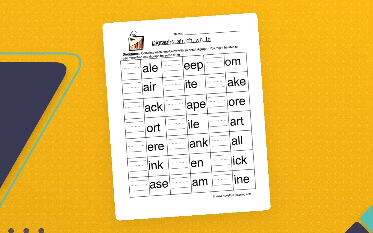H Digraphs worksheet with sh, ch, wh, and th choices before printed word endings.