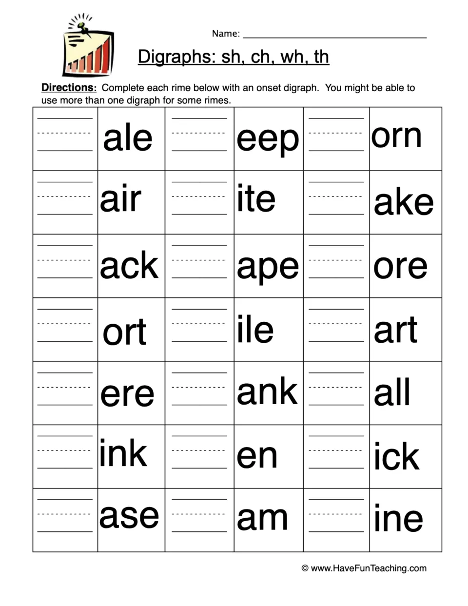 Digraphs sh, ch, wh, th: students write an onset digraph before each of 21 rimes such as ale, eep and orn to build words