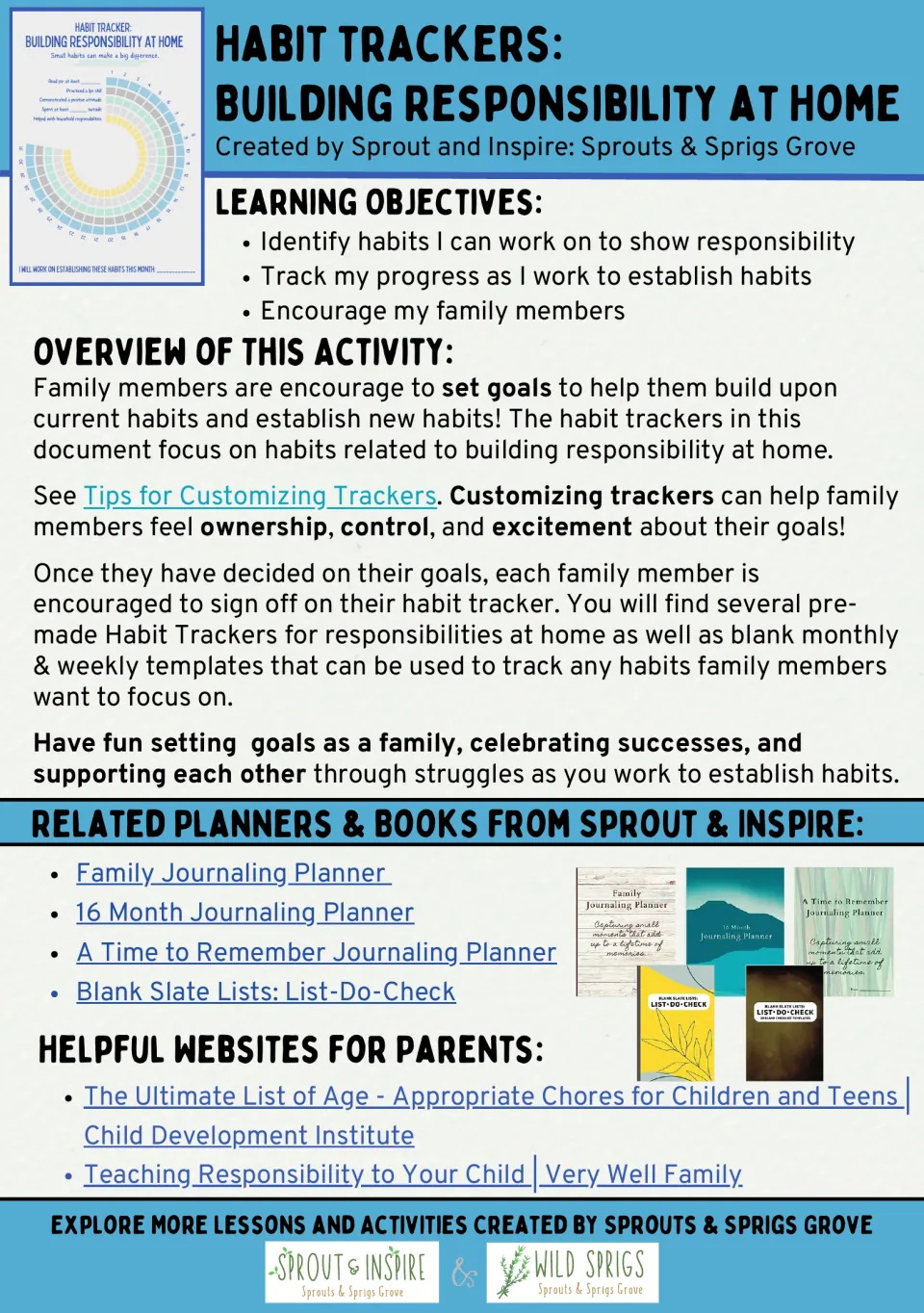 Habit Trackers: Building Responsibility at Home cover listing learning objectives, an activity overview and parent links