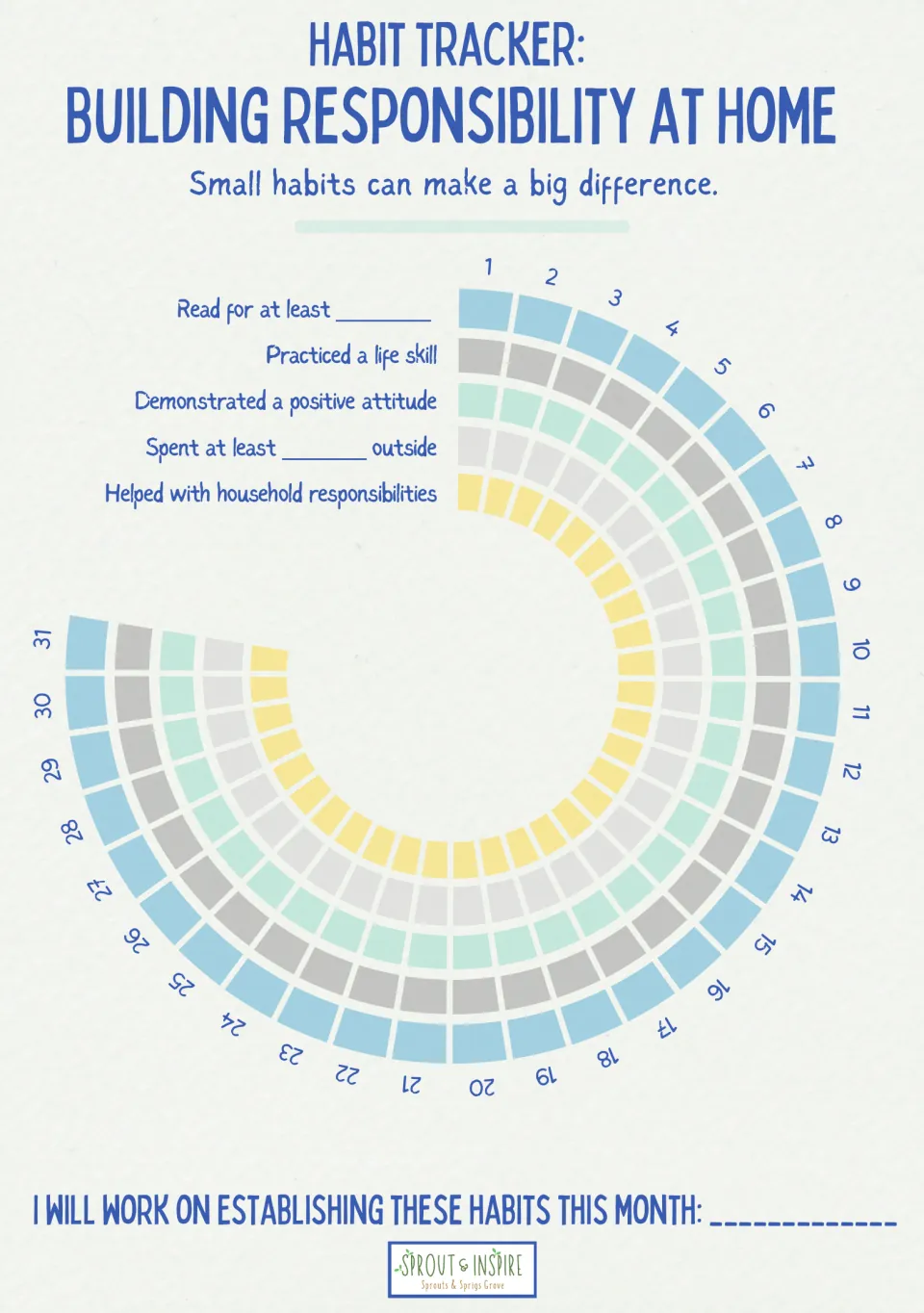 Monthly responsibility tracker: color days 1-31 for reading, a life skill, positive attitude, time outside, household help