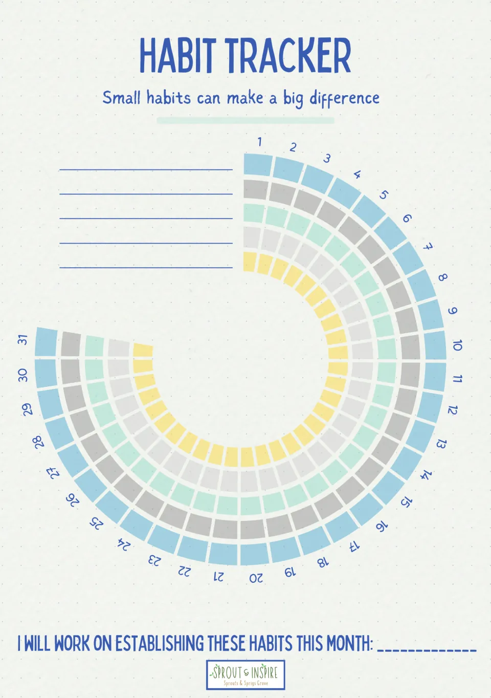 Blank monthly habit tracker: write in up to five of your own habits, then mark each day from 1 to 31