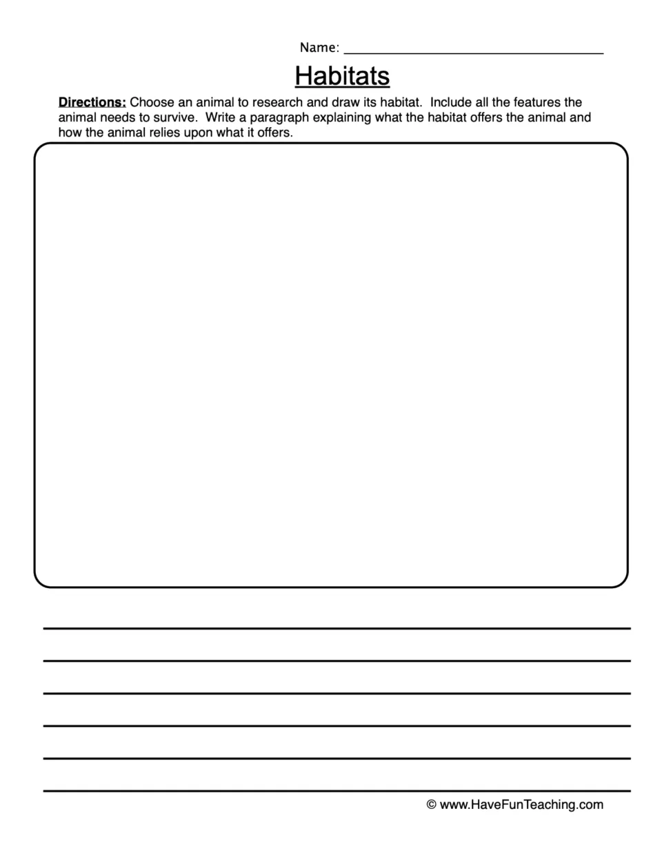 Animal habitat research worksheet: choose an animal, draw its habitat, and explain how it meets its needs.