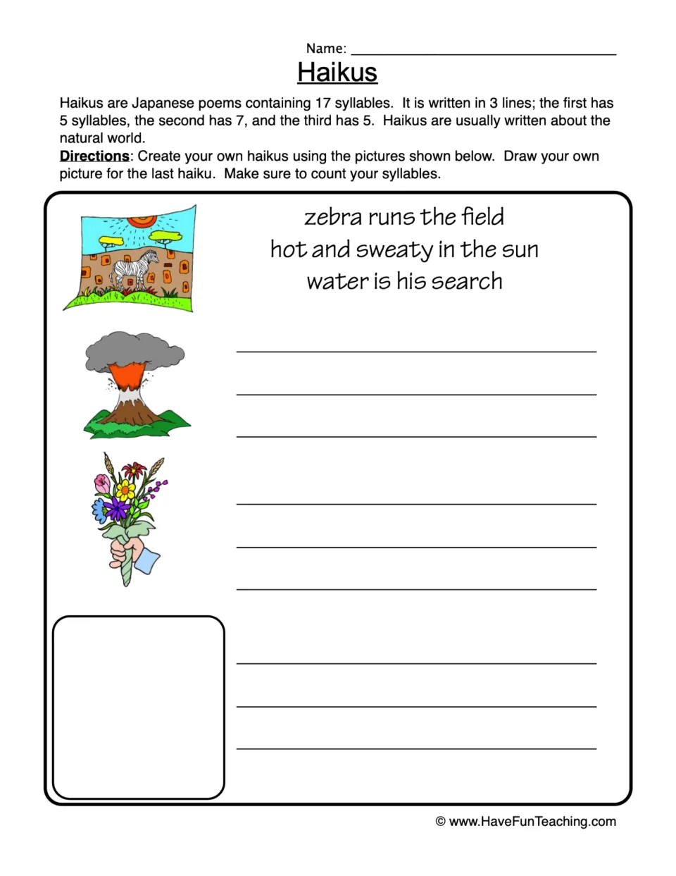 Haiku writing practice: zebra example, volcano and flower picture prompts, and a draw-your-own poem prompt