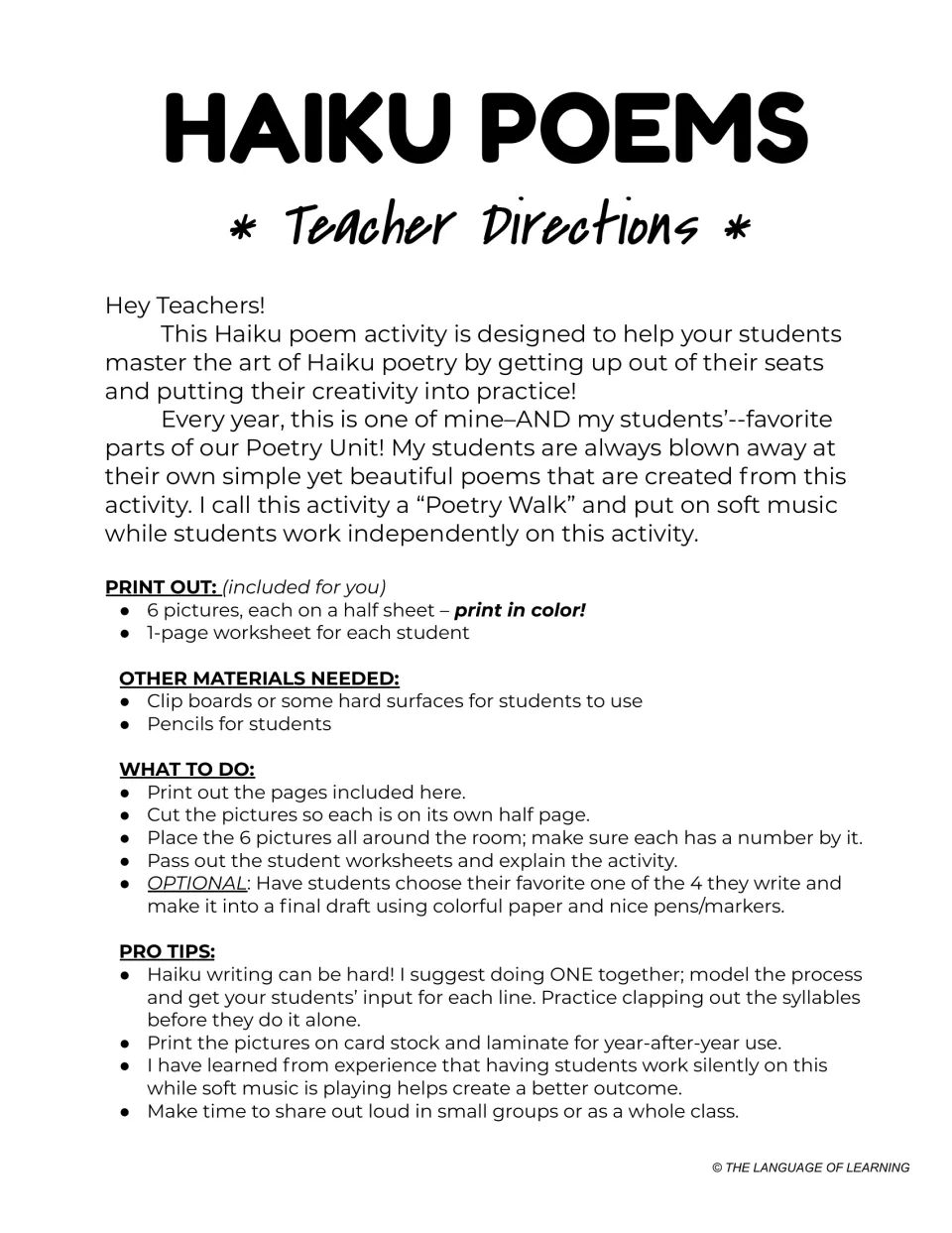 Haiku Poems teacher directions for a Poetry Walk: printing 6 photos, materials, setup steps and tips on clapping syllables