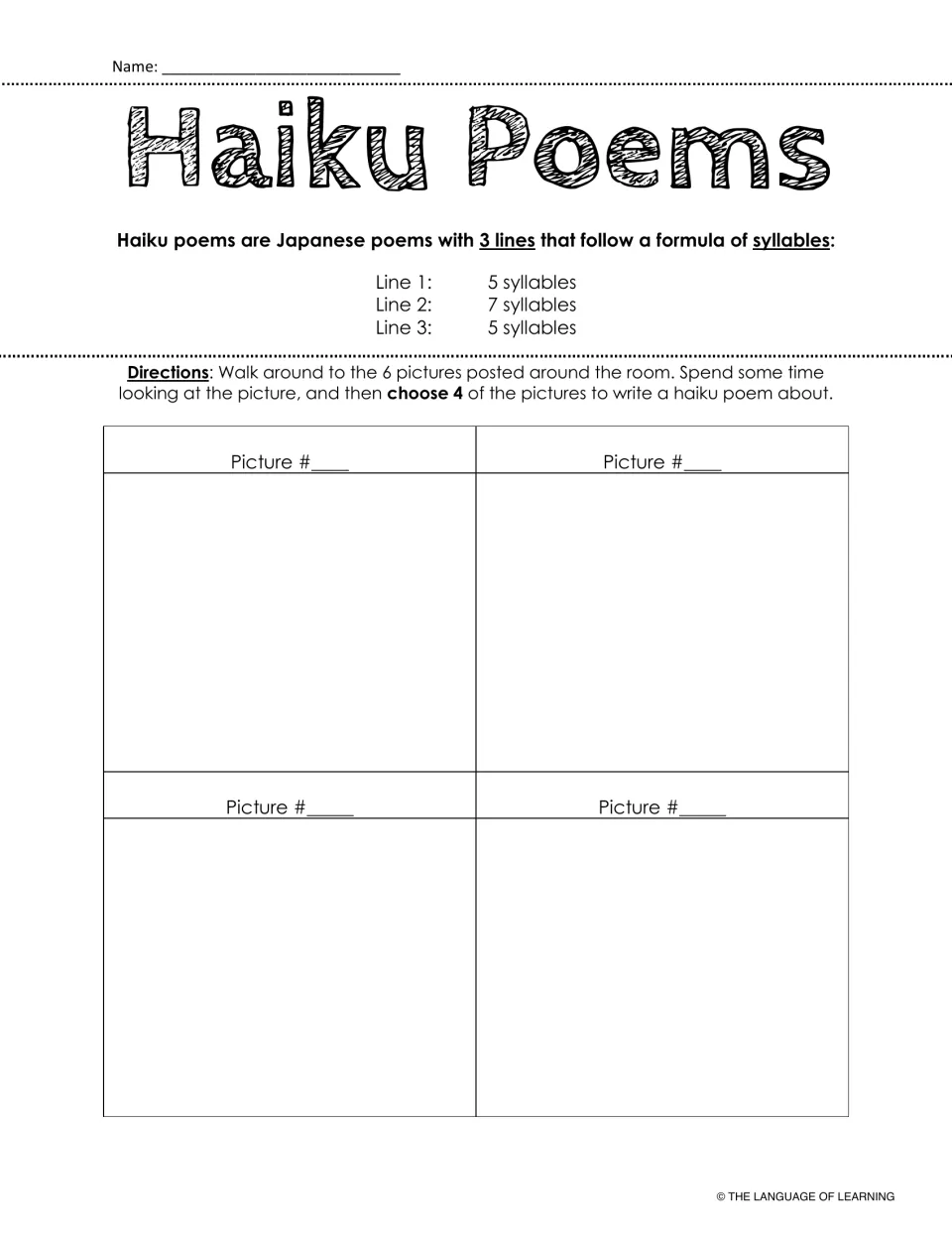 Haiku 5-7-5 syllable formula and student sheet: students visit 6 posted pictures and write a haiku about 4 of them