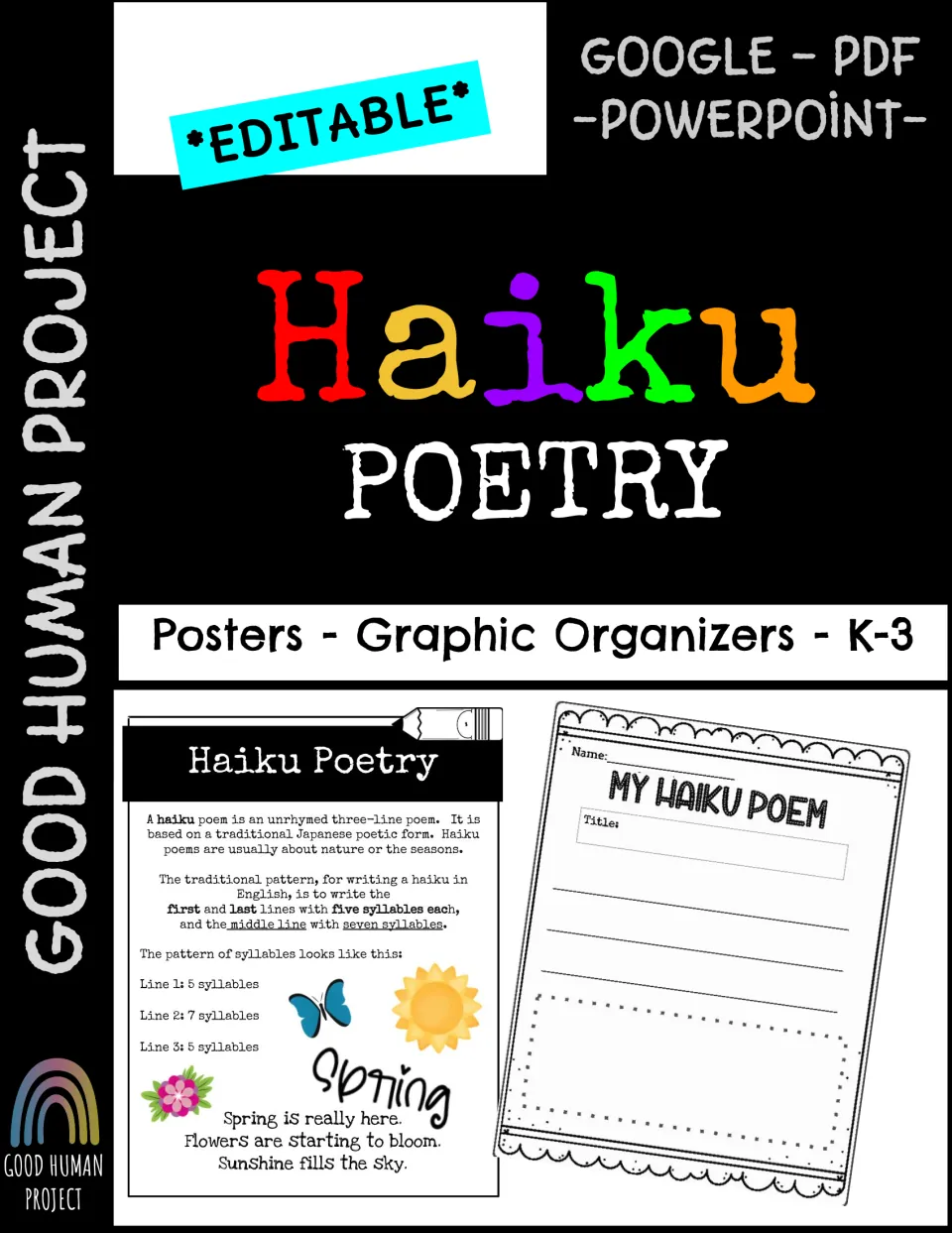 Haiku Poetry cover: editable posters and graphic organizers for K-3, showing the syllable poster and My Haiku Poem page