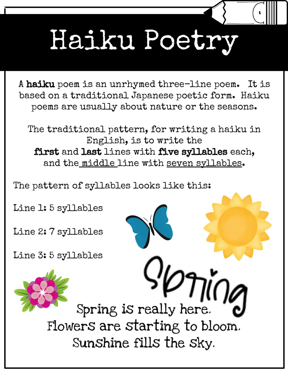 Haiku poster: defines haiku as an unrhymed Japanese nature poem, shows the 5-7-5 syllable pattern and a spring example
