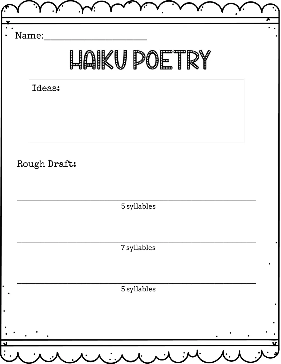Haiku planning page: students brainstorm ideas, then write a rough draft following 5, 7 and 5 syllable prompts
