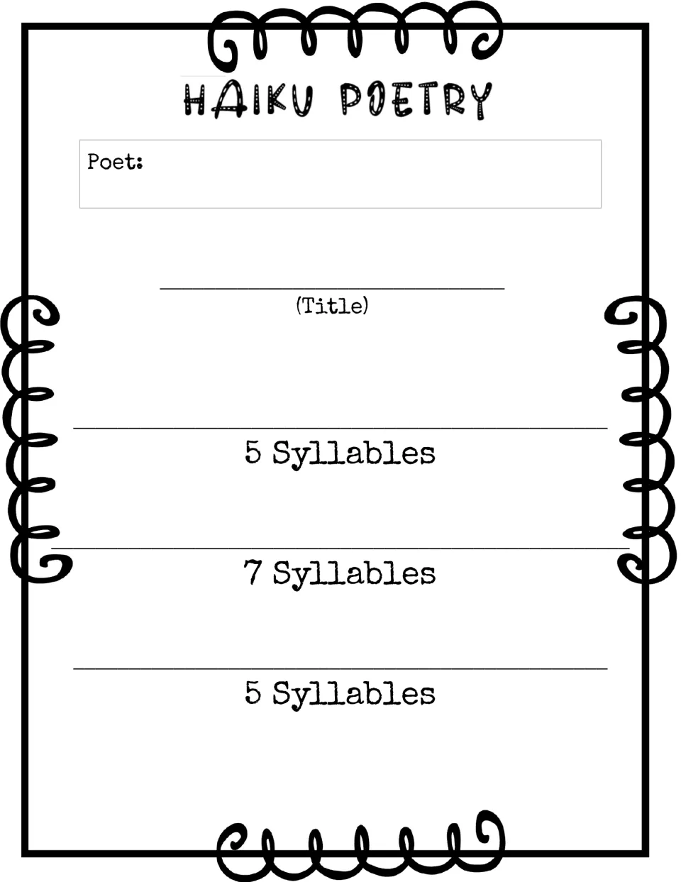 Haiku Poetry publishing page: students fill in poet name and title, then write verses marked 5, 7 and 5 syllables