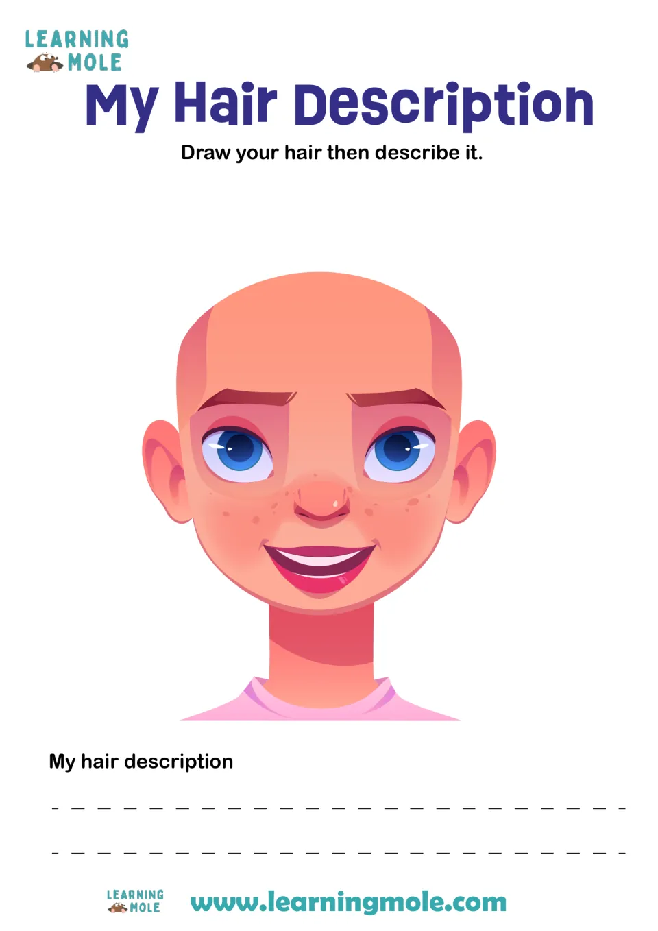 Hair drawing activity: add your hair to the face, then write a description under 'My hair description'.