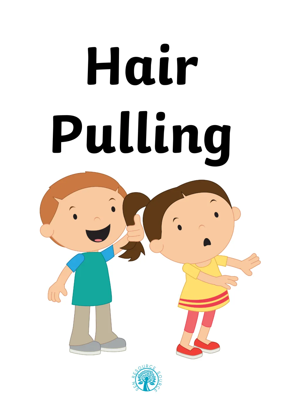 Hair Pulling social story cover: a grinning boy tugs a startled girl's ponytail, with the SEN Resource Source logo