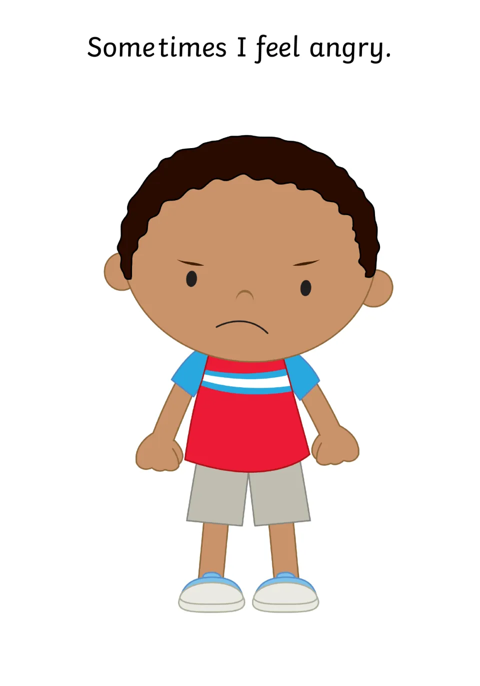 Feelings page, angry: the text Sometimes I feel angry beside a boy with a frown, lowered brows and clenched fists
