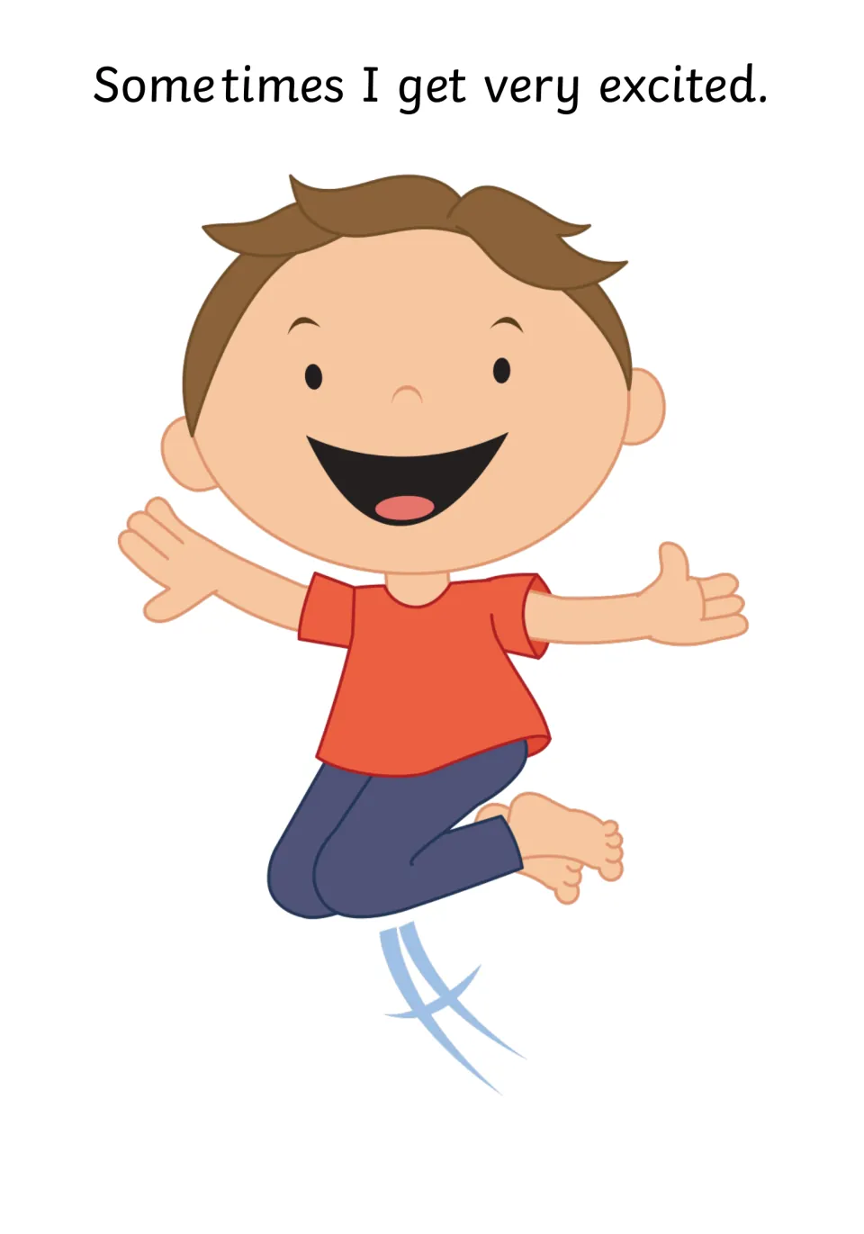 Feelings page, excited: the line Sometimes I get very excited shows a laughing boy leaping in the air with arms spread