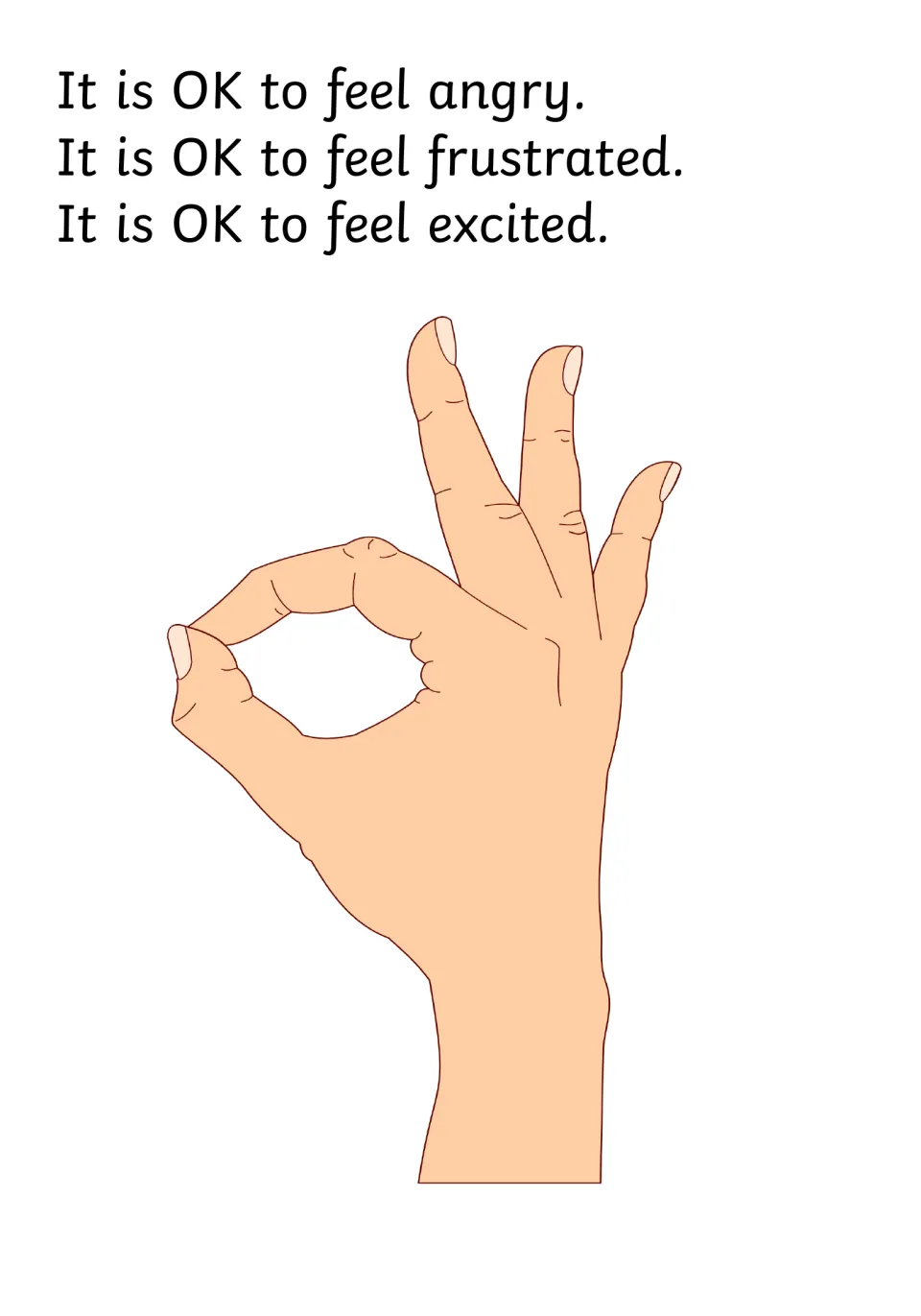 Validating feelings: three lines say it is OK to feel angry, frustrated and excited, beside a hand making the OK sign