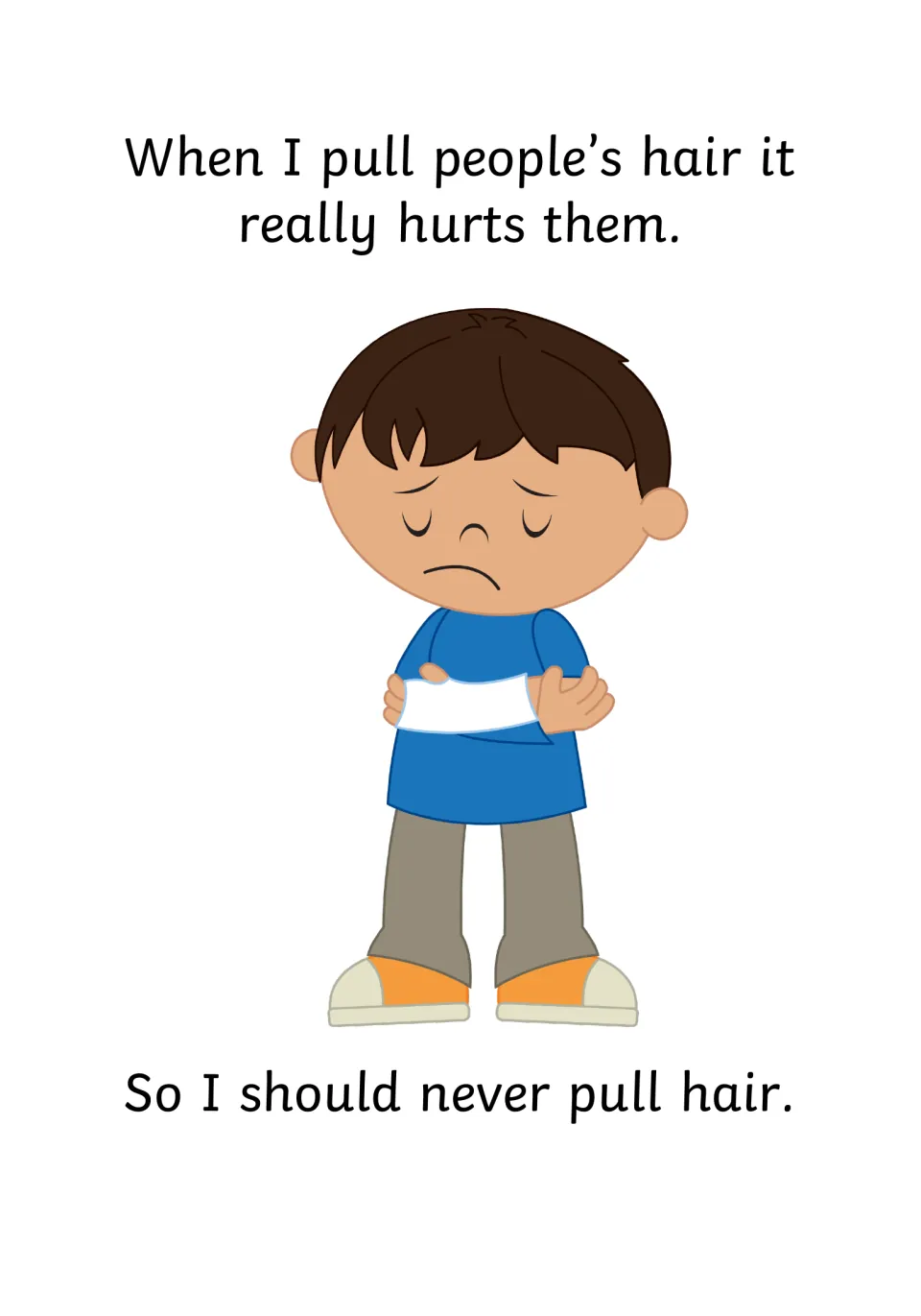 Consequence, pain: pulling hair really hurts people, shown by a boy with a bandaged arm, then So I should never pull hair