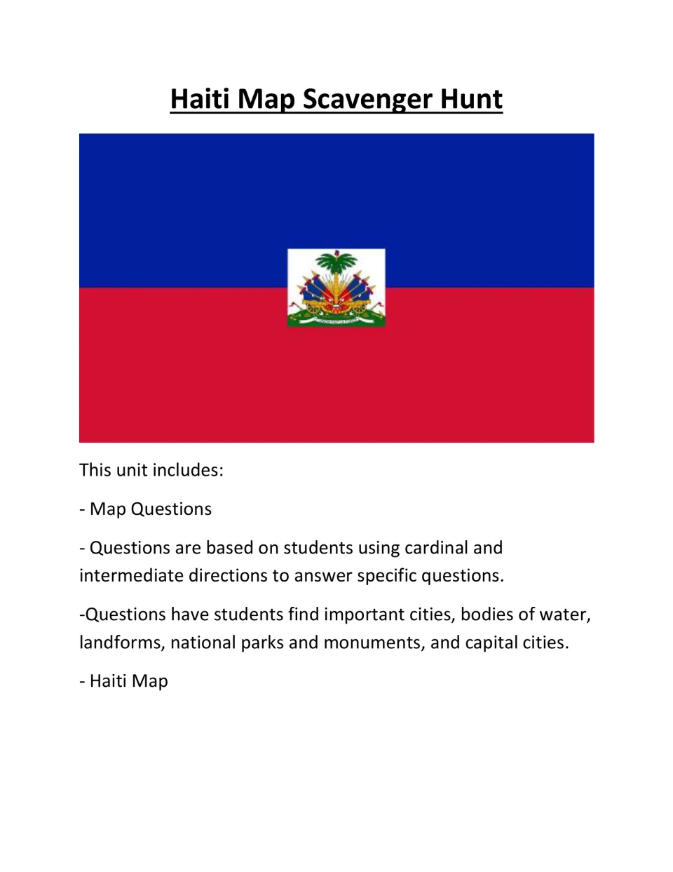 Haiti Map Scavenger Hunt cover showing Haiti's flag and an overview of the map and direction questions