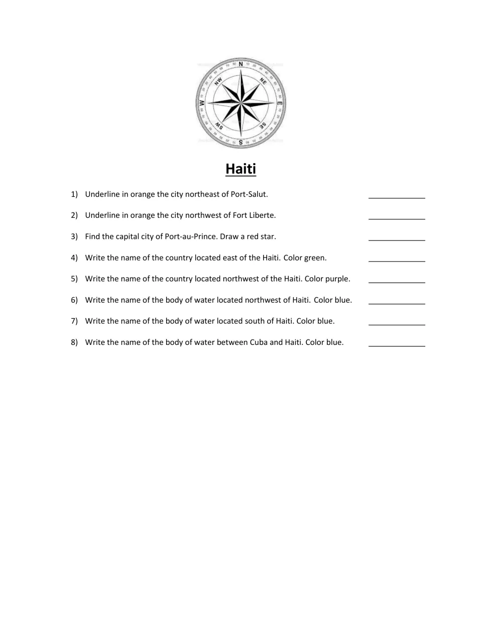 Eight Haiti map questions ask students to locate cities, neighboring countries, and bodies of water