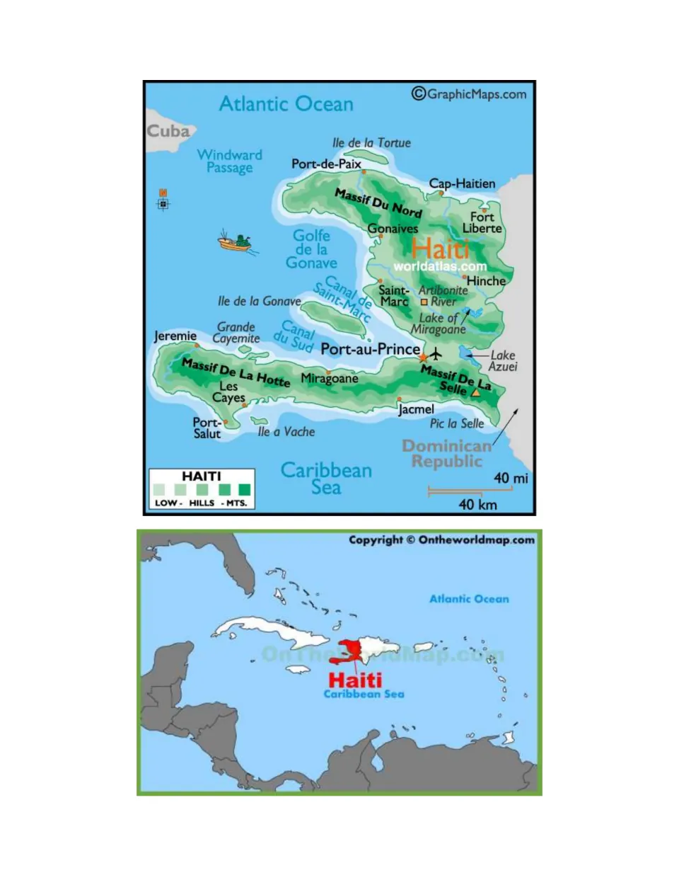 Reference maps show Haiti's cities, mountains, and waters, plus its location in the Caribbean region