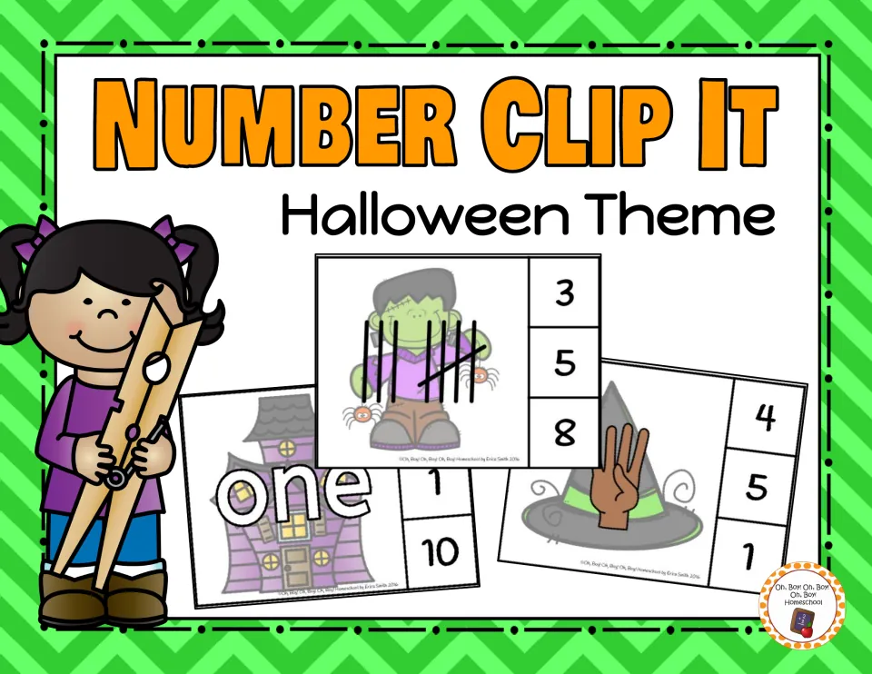Number Clip It Halloween Theme cover with sample cards: tally marks on a monster, the word 'one' and a hand showing fingers