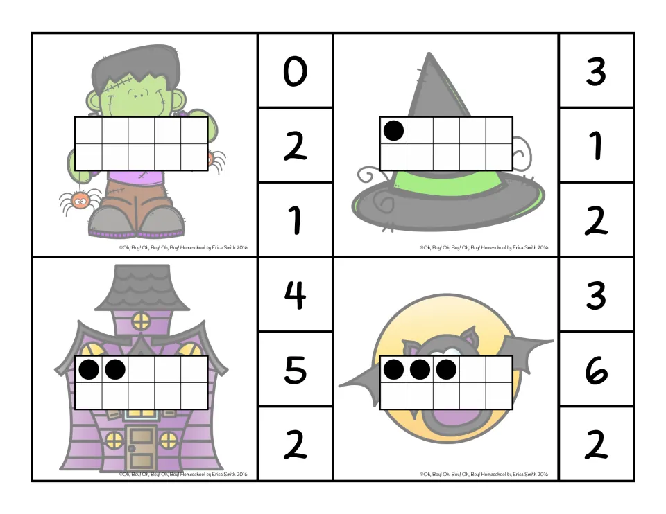 Ten-frame clip cards showing 0, 1, 2 and 3 on monster, witch hat, haunted house and bat pictures, three numbers each