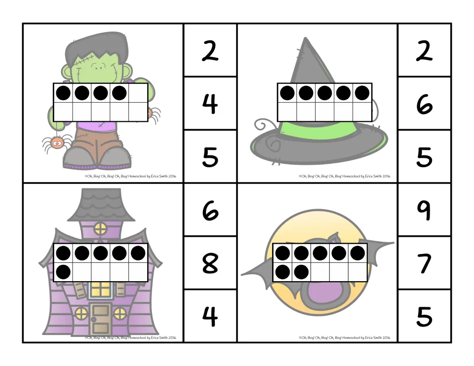 Ten-frame clip cards for 4, 5, 6 and 7, with number choices such as 2, 4, 5 and 9, 7, 5 to clip