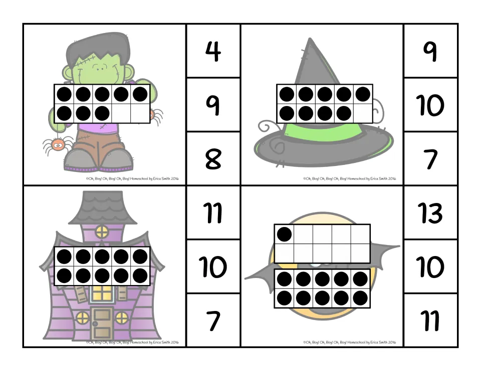 Ten-frame clip cards for 8, 9, 10 and 11; the bat card uses one full ten frame plus one dot to show 11