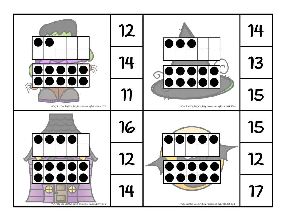 Teen number clip cards for 12, 13, 14 and 15, each shown as a full ten frame plus extra dots, with three choices