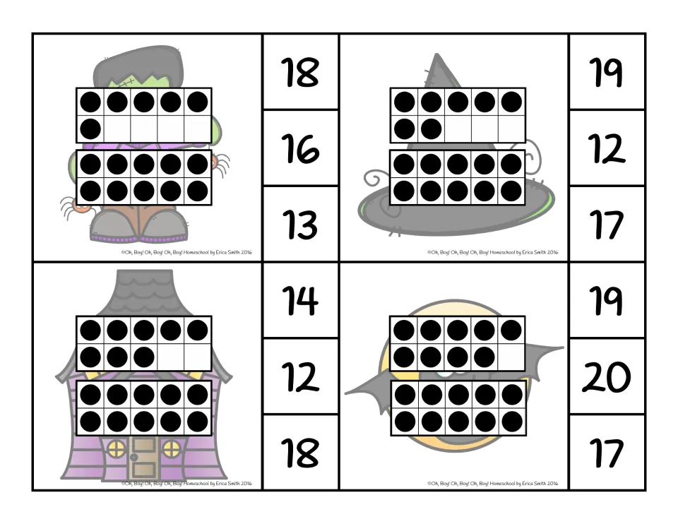Teen number clip cards for 16, 17, 18 and 19 using two ten frames, with choices like 18, 16, 13 and 19, 20, 17