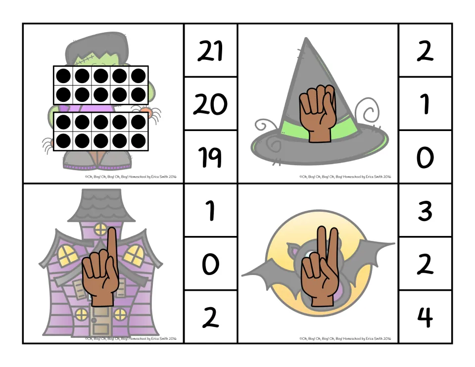 Clip cards for 20 on two full ten frames, plus finger-counting cards for 0, 1 and 2 on witch hat, house and bat
