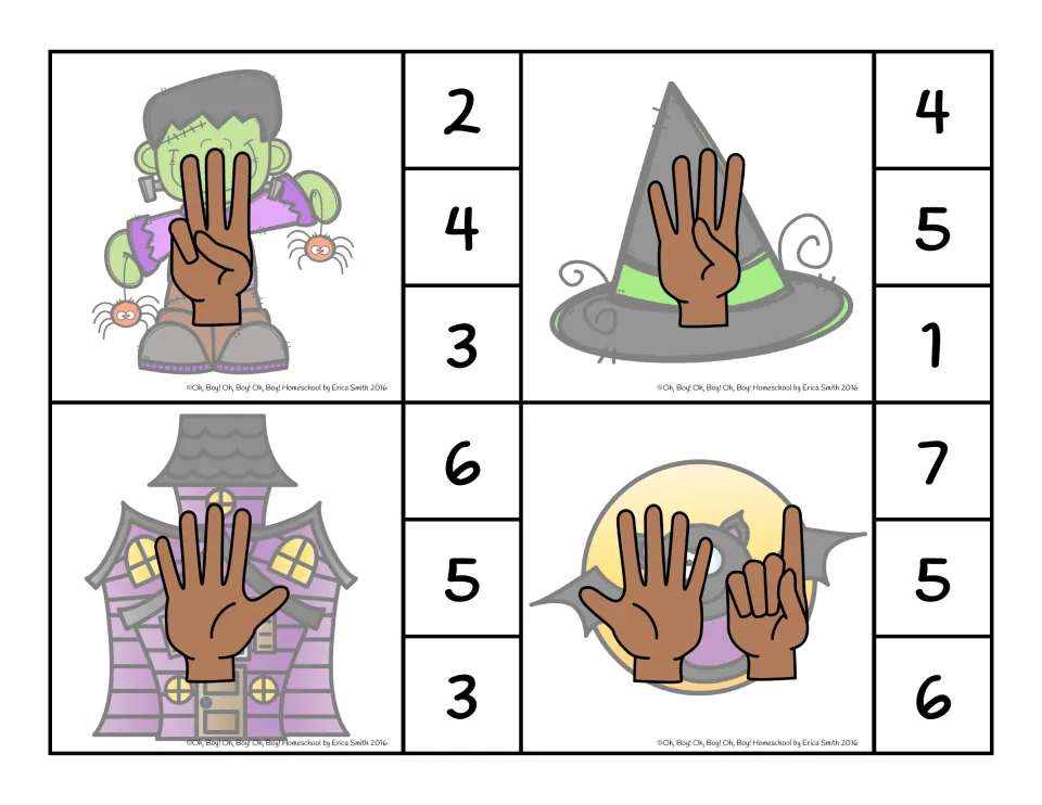 Finger-counting clip cards for 3, 4, 5 and 6: one hand on the first three cards and two hands on the bat card