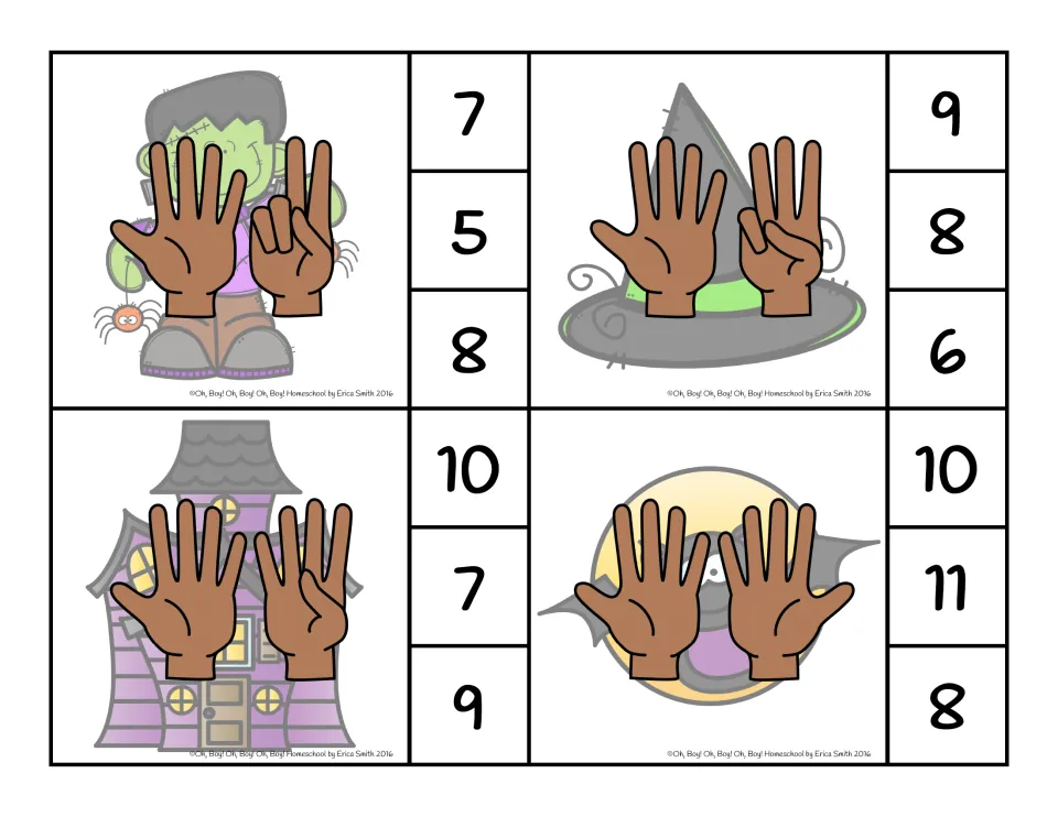 Two-hand finger-counting clip cards for 7, 8, 9 and 10, with choices such as 7, 5, 8 and 10, 11, 8