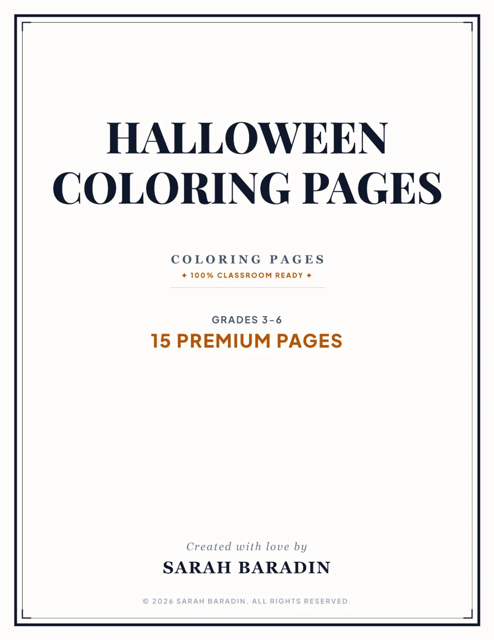 Cover of Halloween Coloring Pages by Sarah Baradin, identifying 15 coloring pages for students in grades 3–6