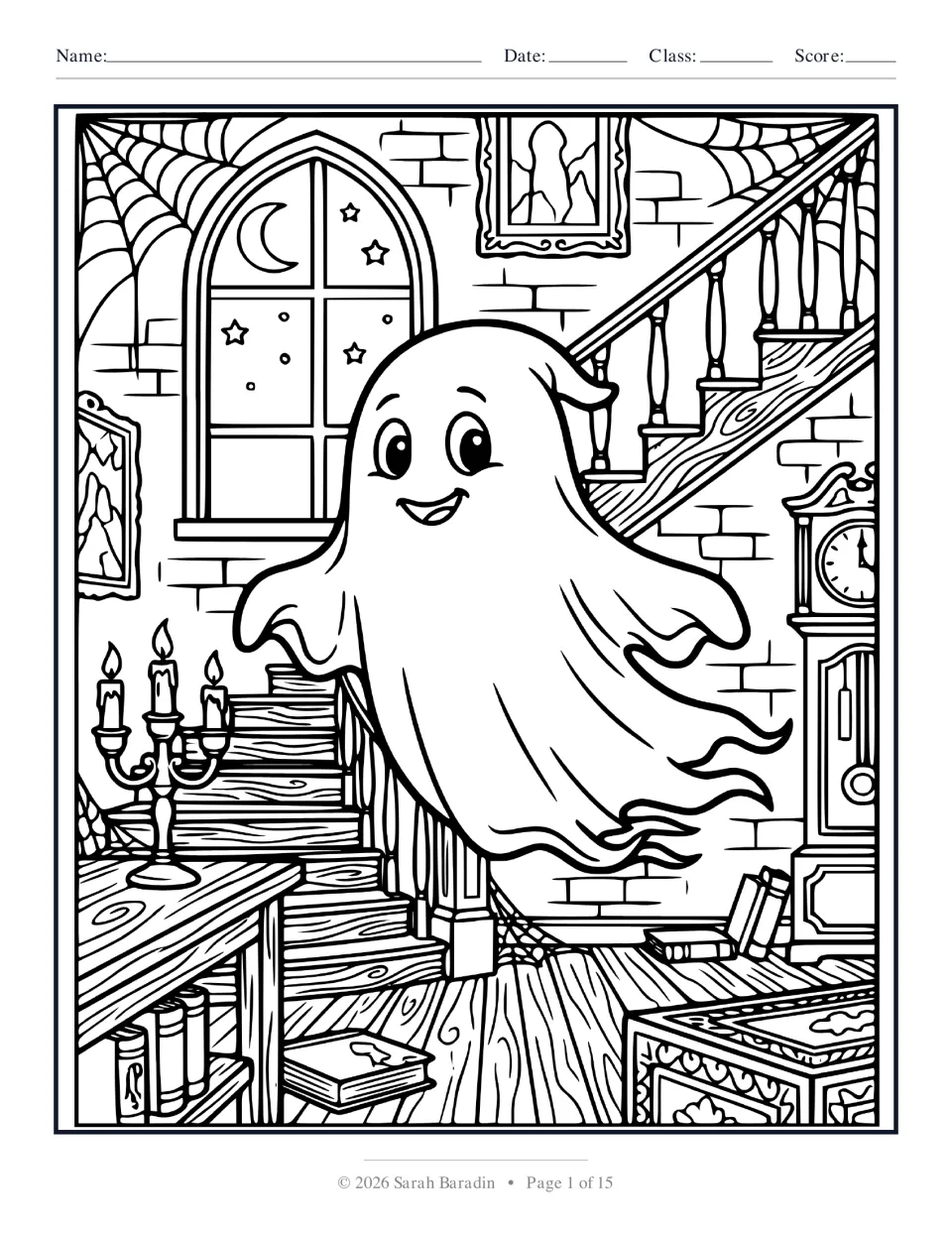 Halloween coloring page 1 of 15: a smiling ghost floating beside stairs, candles, books, and a tall clock
