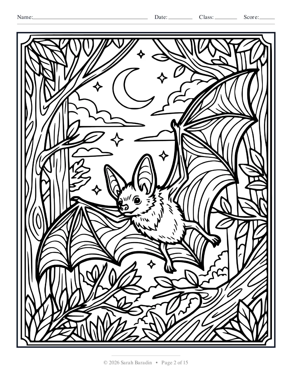 Halloween coloring page 2 of 15: a bat spreading its wings among tree branches beneath a crescent moon
