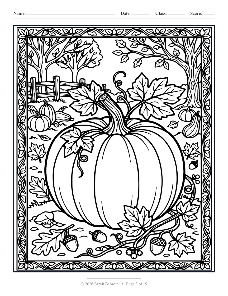 Halloween coloring page 3 of 15: a large pumpkin surrounded by curling vines, autumn leaves, and acorns