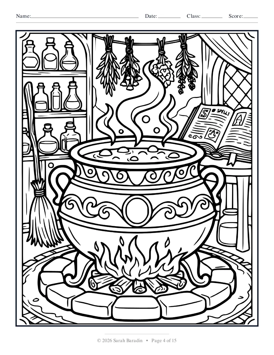 Halloween coloring page 4 of 15: a steaming cauldron over a fire beside a broom, bottles, and a spell book