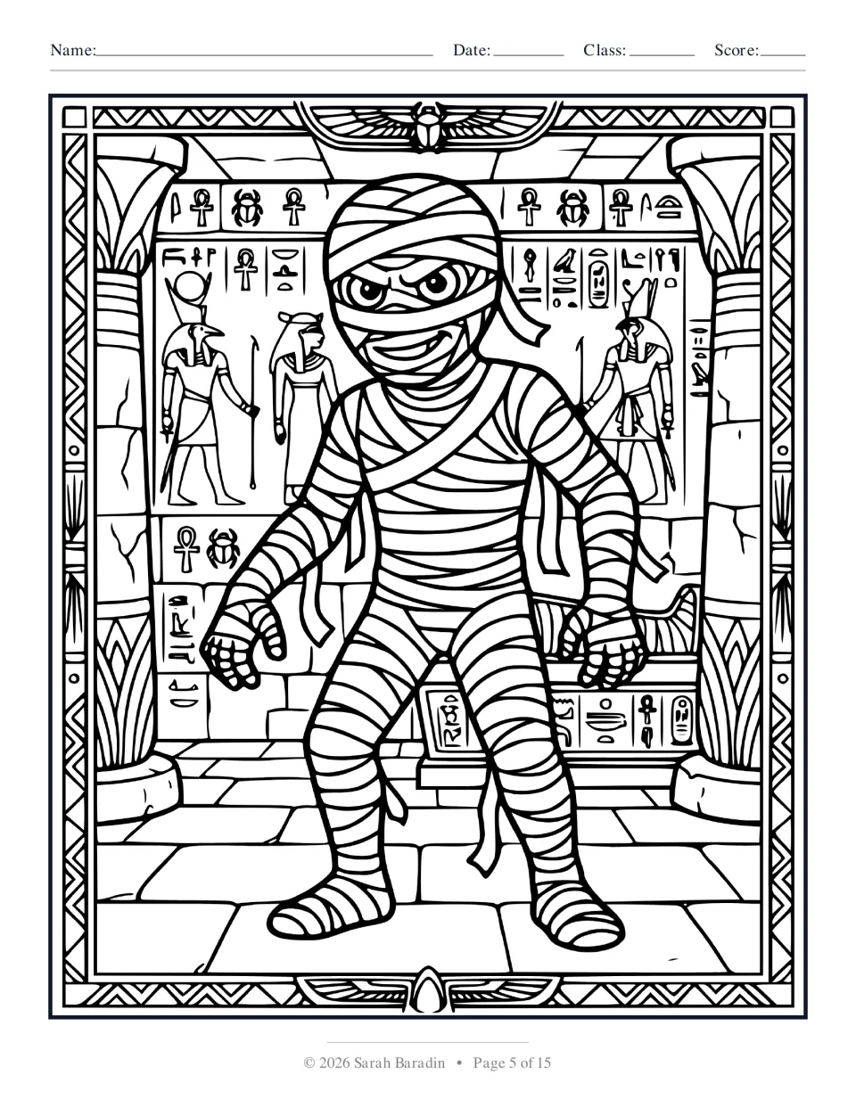 Halloween coloring page 5 of 15: a smiling mummy wrapped in bandages inside a chamber with Egyptian symbols