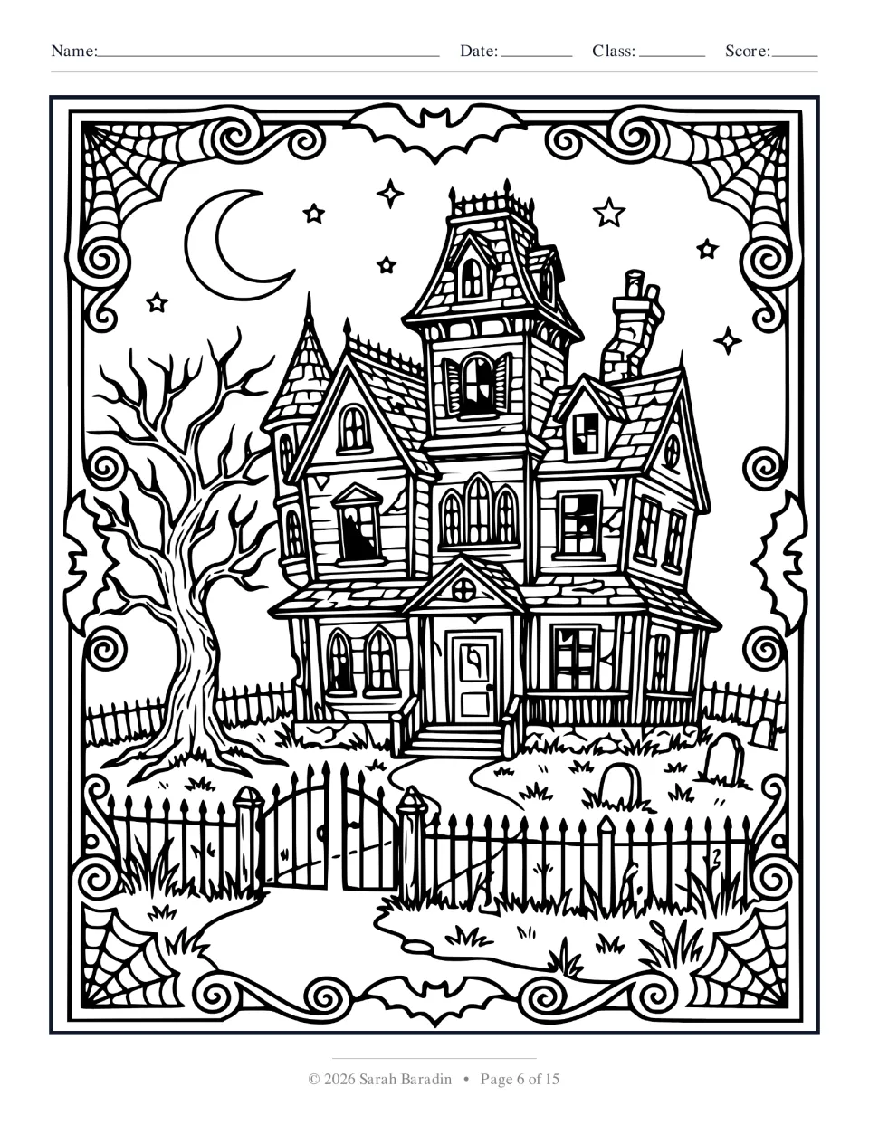 Halloween coloring page 6 of 15: a haunted house behind an iron fence beside a bare tree and gravestones