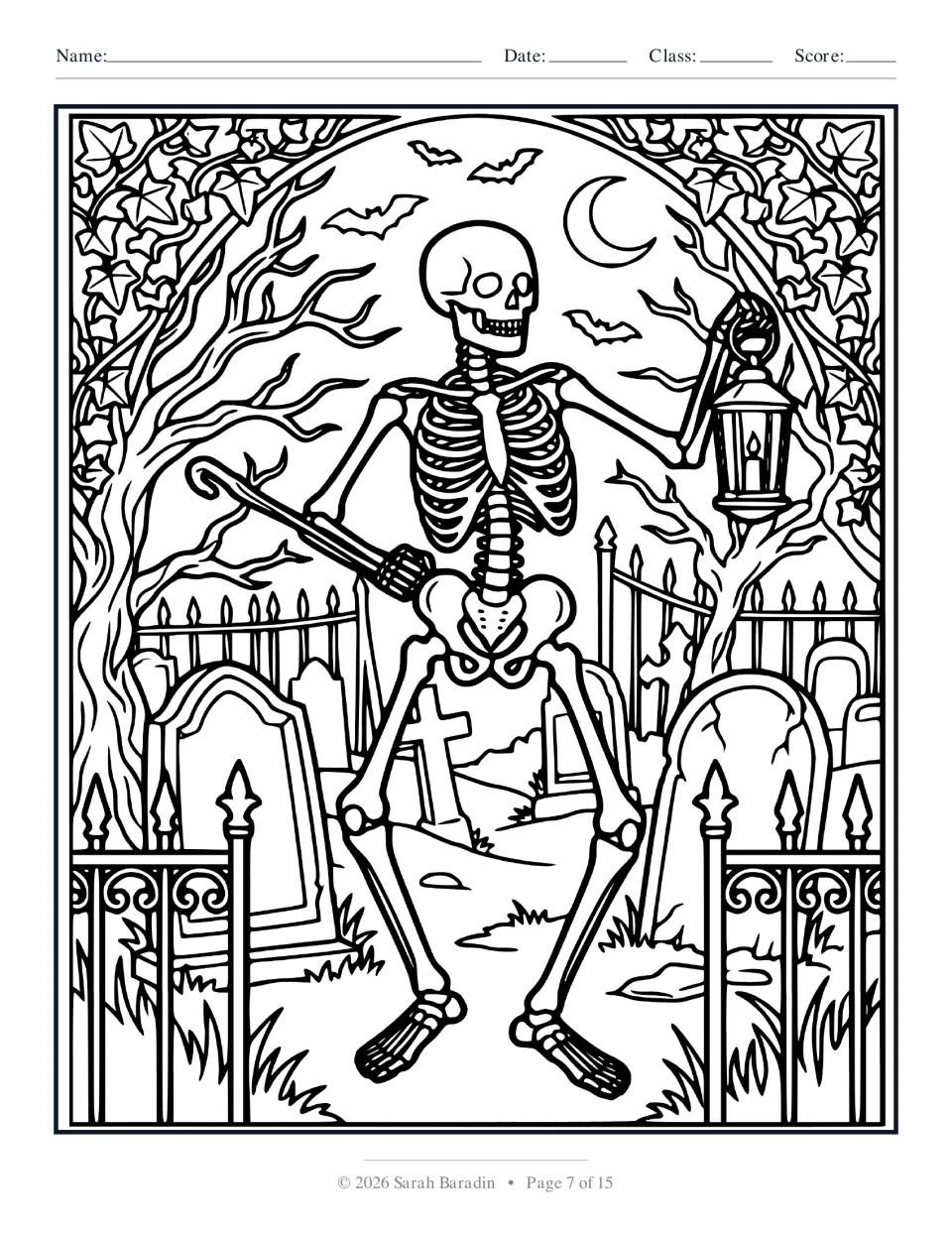 Halloween coloring page 7 of 15: a skeleton holding a lantern and cane among gravestones and bare trees