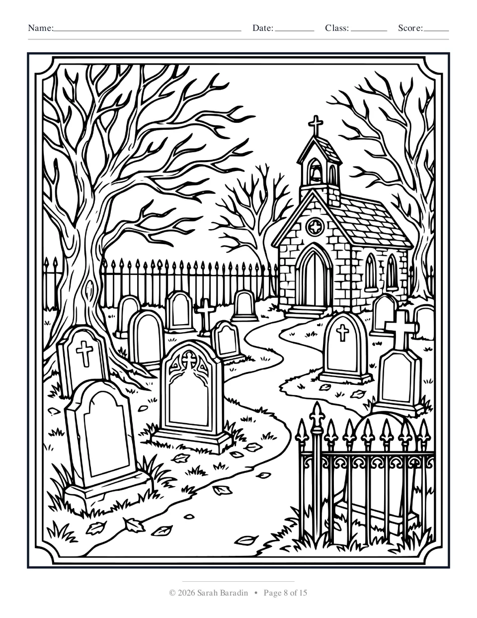 Halloween coloring page 8 of 15: a graveyard with headstones, bare trees, and a winding path to a chapel