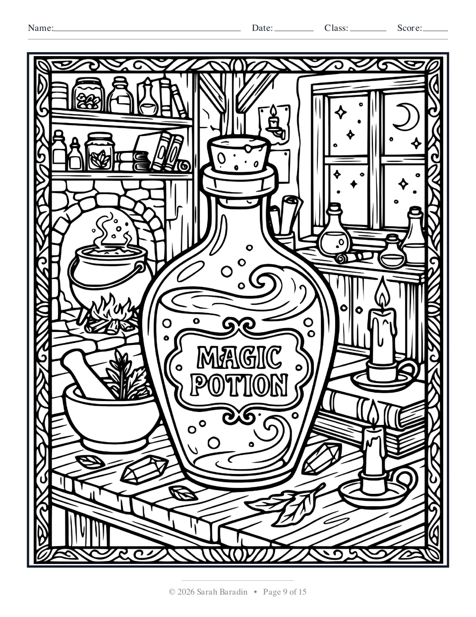 Halloween coloring page 9 of 15: a bottle labeled “MAGIC POTION” surrounded by candles, books, and crystals