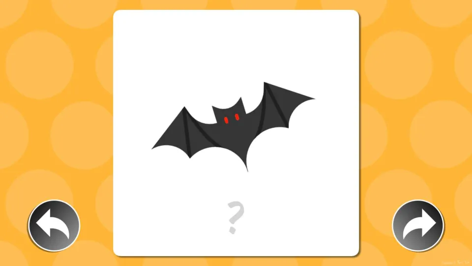 Halloween vocabulary flash card: students name a black bat with red eyes shown above a question mark before the reveal