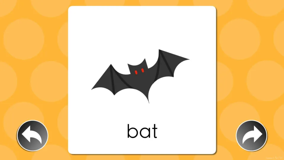 Reveal card for the bat picture showing the word bat so students can check the name they said for the Halloween image
