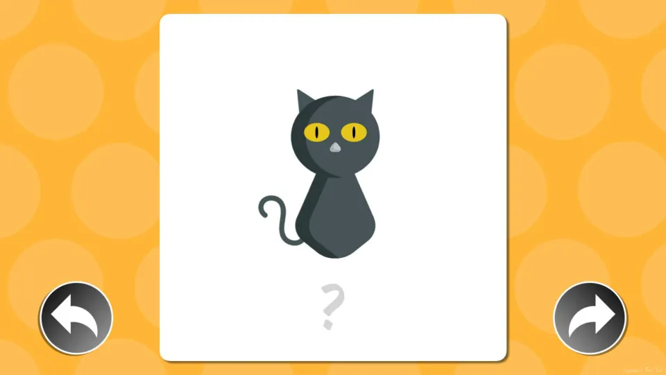Picture-naming card: students say the word for a sitting dark grey cat with yellow eyes before it is revealed