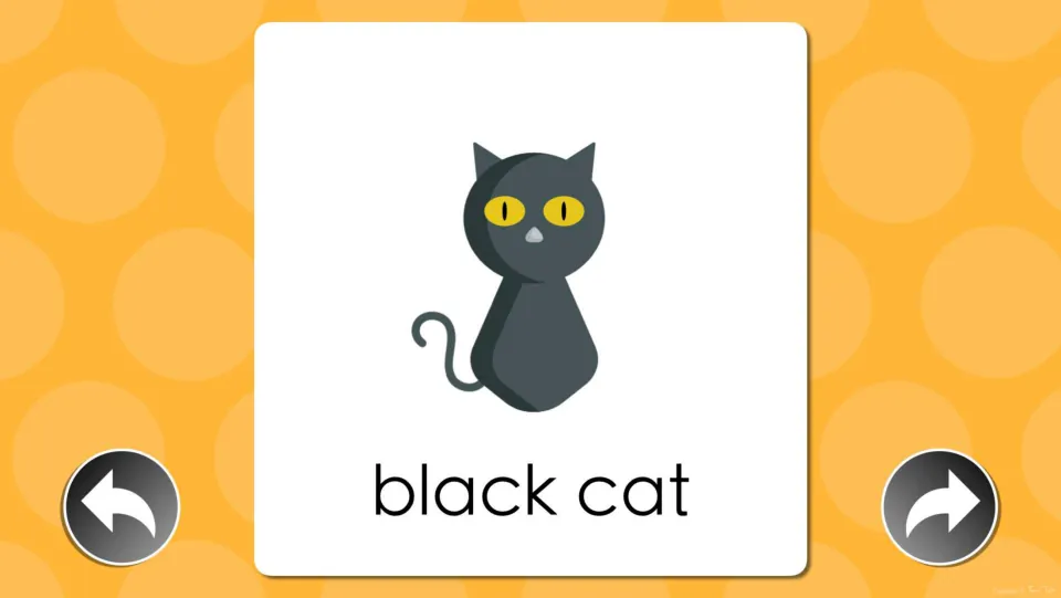 Reveal card for the cat picture showing the two-word label black cat, letting students check their spoken answer