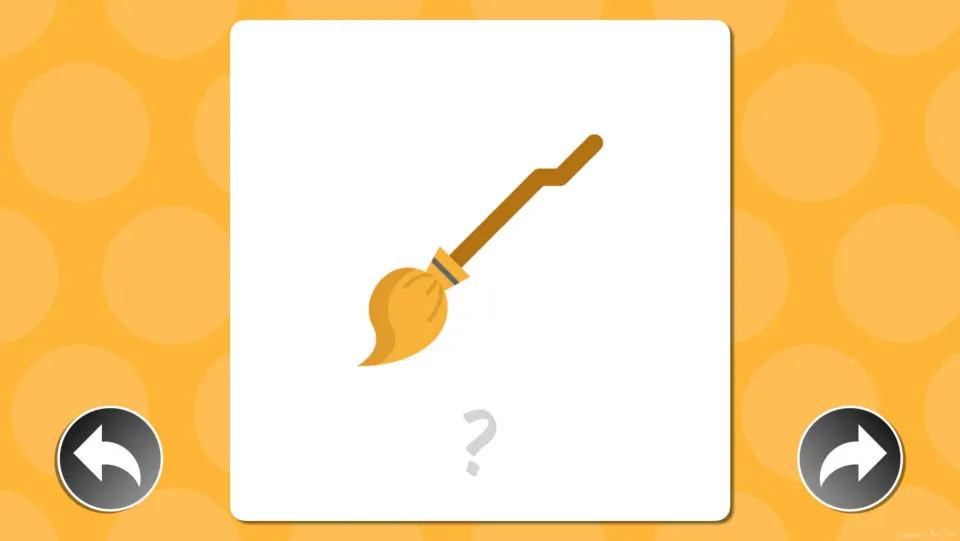 Oral vocabulary card: students name an orange broom with a crooked wooden handle, shown over a question mark