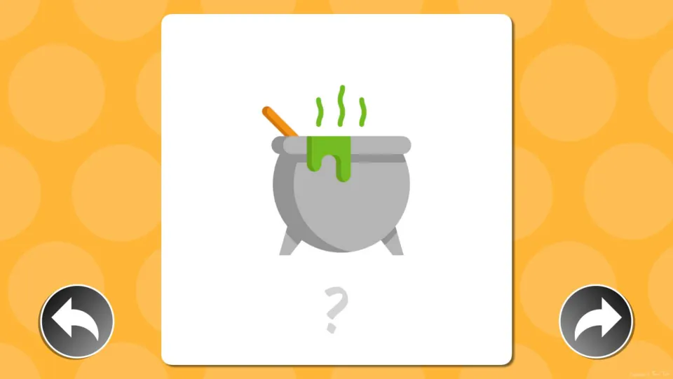 Halloween word card: students name a grey pot with bubbling green liquid, steam and a stirring spoon before the reveal