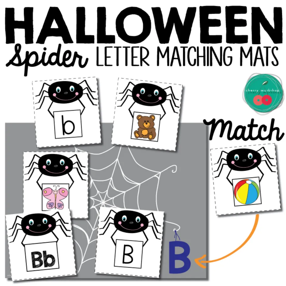 Halloween spider letter mats cover: spider cards with b, B, Bb, bear, butterfly and ball matched to the B web mat