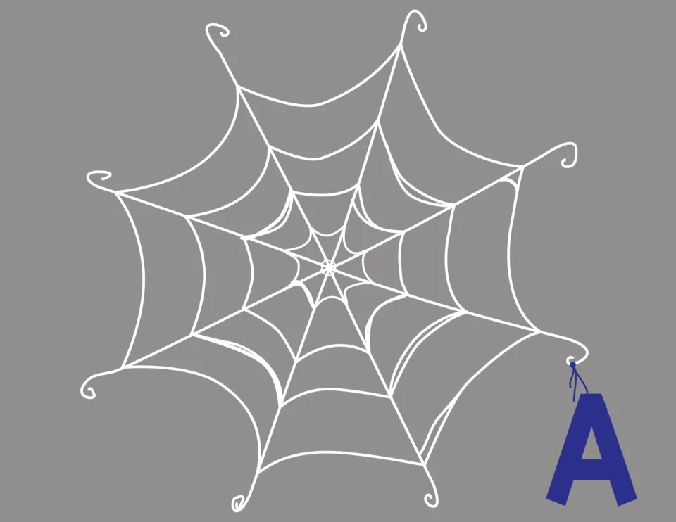 Letter A spider web mat: a gray web with a hanging capital A, matched with the A letter and beginning sound cards