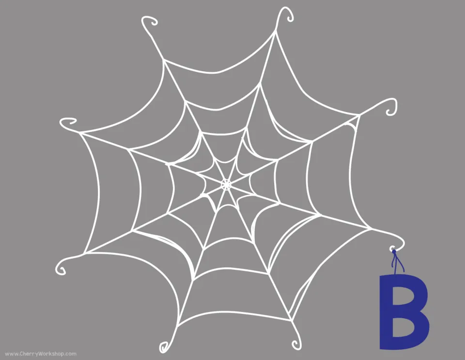 Letter B spider web mat: a capital B hangs from the web, where the B letter cards and B picture cards are placed